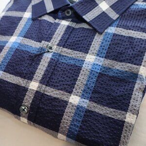 Bugatchi Mens Blue Plaid Textured Button Up Dress Shirt Size Med 100% Cotton NWT